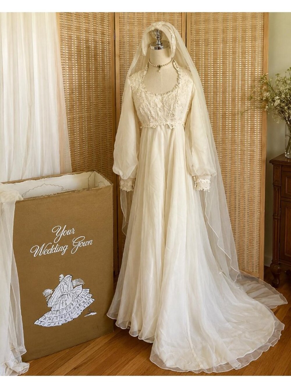 Vintage 1970s Wedding Dress with Matching Veil & Original Guardian Box